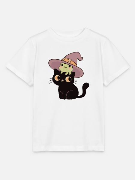 Schwarze Katze im Hexenhut mit Frosch - Stanley/Stella Kinder T-Shirt MINI CREATOR - Weiß