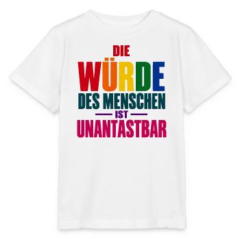 Die Würde des Menschen – Buntes Grundrechte-Motiv - Stanley/Stella Kinder T-Shirt MINI CREATOR  - Weiß - Vorne - Maike (125cm)