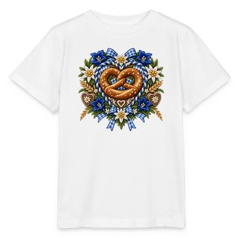 Brezel mit Edelweiß und Enzian  - Stanley/Stella Kinder T-Shirt MINI CREATOR  - Weiß - Vorne - Maike (125cm)