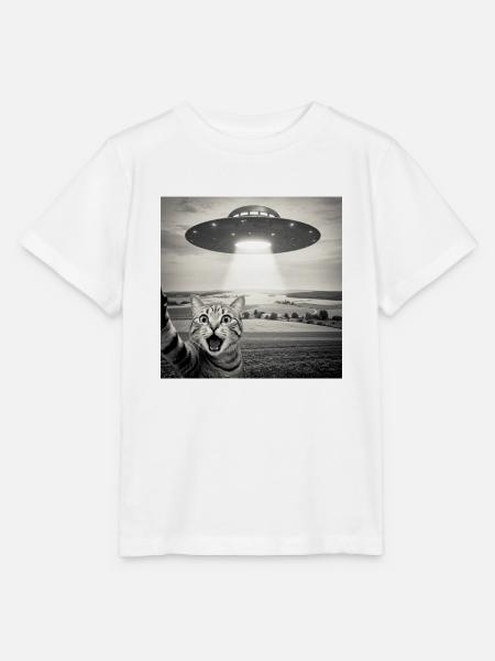 UFO Katze Alien Weltall Lustiges Katzen Motiv - Stanley/Stella Kinder T-Shirt MINI CREATOR - Weiß