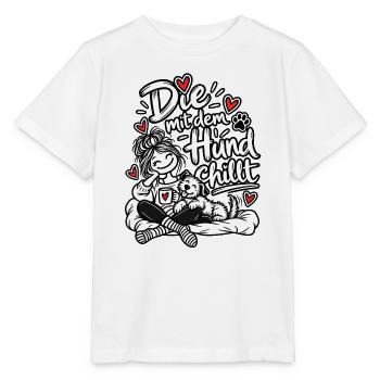 Die mit dem Hund chillt - Stanley/Stella Kinder T-Shirt MINI CREATOR  - Weiß - Vorne - Maike (125cm)