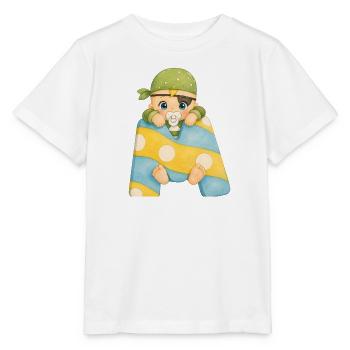 M - Buchstabe: Baby im bunten Patchwork-Schal - Stanley/Stella Kinder T-Shirt MINI CREATOR  - Weiß - Vorne - Maike (125cm)