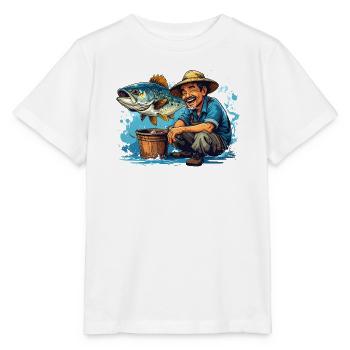 Fröhlicher Fischer und Riesenfisch - Stanley/Stella Kinder T-Shirt MINI CREATOR  - Weiß - Vorne - Maike (125cm)