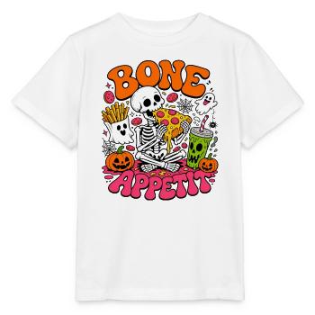 Bone Appetit lustiges Halloween-Skelett isst Pizza - Stanley/Stella Kinder T-Shirt MINI CREATOR  - Weiß - Vorne - Maike (125cm)