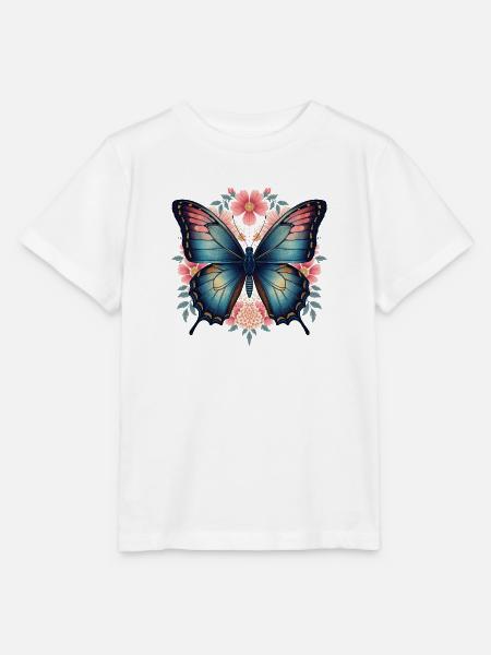Blauer Schmetterling und Blumenblüten - Stanley/Stella Kinder T-Shirt MINI CREATOR - Weiß