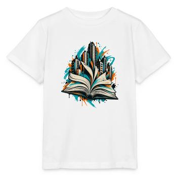 Bücherwelten – Skyline aus offenem Buch - Stanley/Stella Kinder T-Shirt MINI CREATOR  - Weiß - Vorne - Maike (125cm)