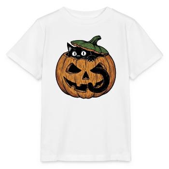Schwarze Katze im Kürbis - Stanley/Stella Kinder T-Shirt MINI CREATOR  - Weiß - Vorne - Maike (125cm)