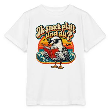 Ik snack platt und du? Möwe mit Buch plattdeutsch  - Stanley/Stella Kinder T-Shirt MINI CREATOR  - Weiß - Vorne - Maike (125cm)