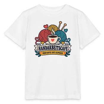 Handarbeitscafé – Fäden Kaffee gute Gespräche - Stanley/Stella Kinder T-Shirt MINI CREATOR  - Weiß - Vorne - Maike (125cm)