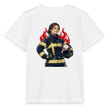 Feuerwehrfrau mit Helm und Flammen - Stanley/Stella Kinder T-Shirt MINI CREATOR  - Weiß - Vorne - Maike (125cm)