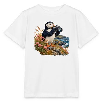 Papageitaucher mit Analogkamera - Stanley/Stella Kinder T-Shirt MINI CREATOR  - Weiß - Vorne - Maike (125cm)