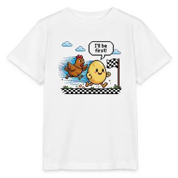  Huhn vs Ei Wettrennen - Pixel Art  - Stanley/Stella Kinder T-Shirt MINI CREATOR  - Weiß - Vorne - Maike (125cm)