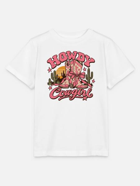 Vintage-rosa Howdy Lady Cowboy-Stiefel - Stanley/Stella Kinder T-Shirt MINI CREATOR - Weiß