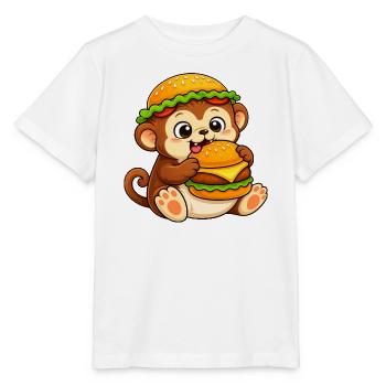 Schimpanse mit Cheeseburger Fast Food - Stanley/Stella Kinder T-Shirt MINI CREATOR  - Weiß - Vorne - Maike (125cm)