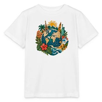 Weltreise Globus mit Landmarken - Stanley/Stella Kinder T-Shirt MINI CREATOR  - Weiß - Vorne - Maike (125cm)