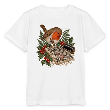 Rotkehlchen beim botanischen Linolschnitt - Stanley/Stella Kinder T-Shirt MINI CREATOR  - Weiß - Vorne - Maike (125cm)