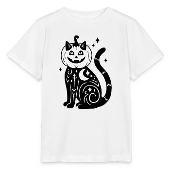 Halloween Katze Kürbiskostüm - Schwarz mit Sternen - Stanley/Stella Kinder T-Shirt MINI CREATOR  - Weiß - Vorne - Maike (125cm)