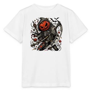 Kürbiskopf-Sensenmann mit Axt - Stanley/Stella Kinder T-Shirt MINI CREATOR  - Weiß - Vorne - Maike (125cm)