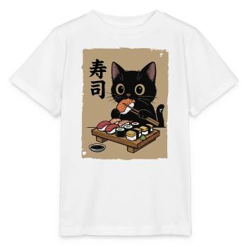Schwarze Katze isst Sushi Japan Retro - Stanley/Stella Kinder T-Shirt MINI CREATOR  - Weiß - Vorne - Maike (125cm)