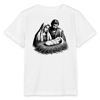 Maria und Josef betrachten den neugeborenen Jesus - Stanley/Stella Kinder T-Shirt MINI CREATOR  - Weiß - Vorne - Maike (125cm)