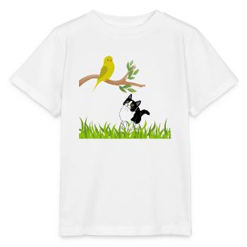 Sonniger Singvogel und Neugierige Katze - Stanley/Stella Kinder T-Shirt MINI CREATOR  - Weiß - Vorne - Maike (125cm)