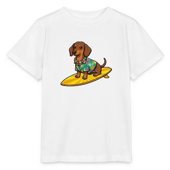 Hawaii Dackel Surfen Surfboard Hund T-Shirt - Stanley/Stella Kinder T-Shirt MINI CREATOR  - Weiß - Vorne - Maike (125cm)