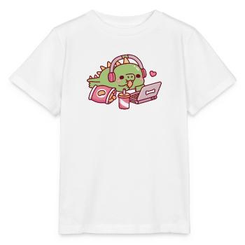 Süßer Dino entspannt mit Snacks und Laptop - Stanley/Stella Kinder T-Shirt MINI CREATOR  - Weiß - Vorne - Maike (125cm)