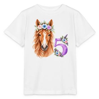 Niedliches T-Shirt mit Pferd und 5 - Stanley/Stella Kinder T-Shirt MINI CREATOR  - Weiß - Vorne - Maike (125cm)