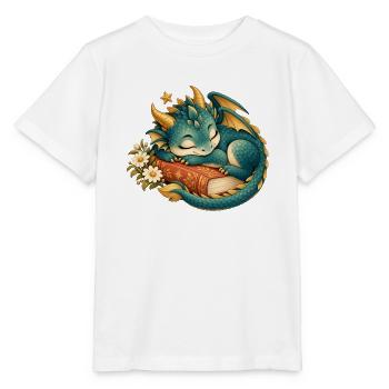 Schlafender Drache zwischen Buch und Blumen - Stanley/Stella Kinder T-Shirt MINI CREATOR  - Weiß - Vorne - Maike (125cm)