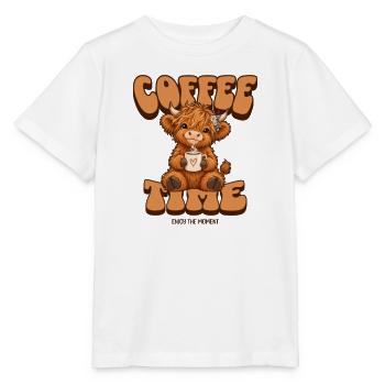 Süßes Hochlandrind Kaffee T-Shirt – Coffee Time - Stanley/Stella Kinder T-Shirt MINI CREATOR  - Weiß - Vorne - Maike (125cm)