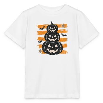 Halloween-Kürbisse auf orangefarbenen Streifen - Stanley/Stella Kinder T-Shirt MINI CREATOR  - Weiß - Vorne - Maike (125cm)