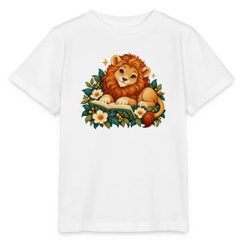 Löwenjunges Leser zwischen Blumen - Stanley/Stella Kinder T-Shirt MINI CREATOR  - Weiß - Vorne - Maike (125cm)
