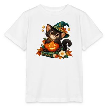 Halloween-Katze mit verzaubertem Kürbis - Stanley/Stella Kinder T-Shirt MINI CREATOR  - Weiß - Vorne - Maike (125cm)
