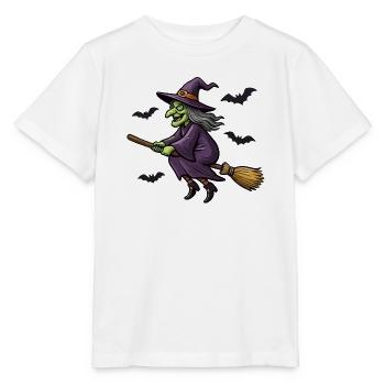 Hexe auf einem Besen in Lila - Stanley/Stella Kinder T-Shirt MINI CREATOR  - Weiß - Vorne - Maike (125cm)
