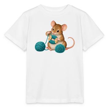 Maus wickelt einen Wollpompon - Stanley/Stella Kinder T-Shirt MINI CREATOR  - Weiß - Vorne - Maike (125cm)