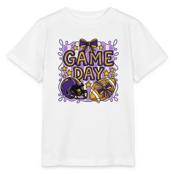 Spieltag – Lila-Gold-Football-Fan-Mama - Stanley/Stella Kinder T-Shirt MINI CREATOR  - Weiß - Vorne - Maike (125cm)