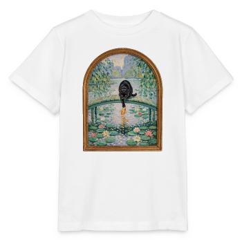 Schwarzer Kater angelt Koi im Seerosenteich - Stanley/Stella Kinder T-Shirt MINI CREATOR  - Weiß - Vorne - Maike (125cm)