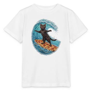 Schwarzer Kater surft auf Pizza Welle - Stanley/Stella Kinder T-Shirt MINI CREATOR  - Weiß - Vorne - Maike (125cm)
