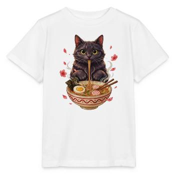 Schwarzer Kater schlürft Ramen Nudeln - Stanley/Stella Kinder T-Shirt MINI CREATOR  - Weiß - Vorne - Maike (125cm)