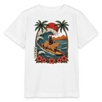 Capybara und Kater surfen auf der großen Welle - Stanley/Stella Kinder T-Shirt MINI CREATOR  - Weiß - Vorne - Maike (125cm)