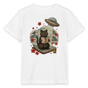 Katze liest Buch unter einem UFO - Stanley/Stella Kinder T-Shirt MINI CREATOR  - Weiß - Vorne - Maike (125cm)