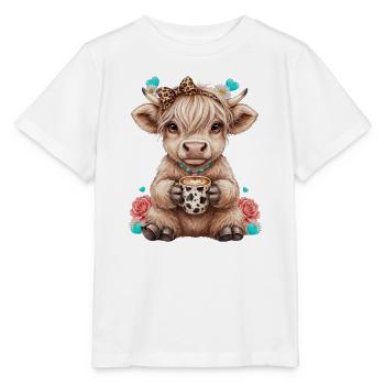 Hochlandrind Kalb mit Schleife und Kaffee - Stanley/Stella Kinder T-Shirt MINI CREATOR  - Weiß - Vorne - Maike (125cm)