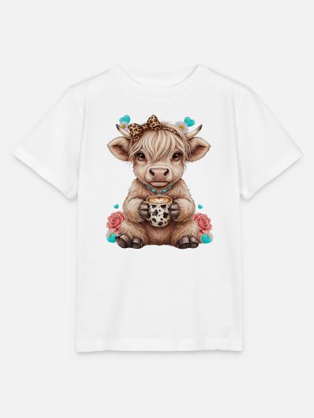 Hochlandrind Kalb mit Schleife und Kaffee - Stanley/Stella Kinder T-Shirt MINI CREATOR - Weiß