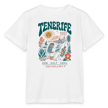 Tenerife Inselreise Surf 2027 - Stanley/Stella Kinder T-Shirt MINI CREATOR  - Weiß - Vorne - Maike (125cm)
