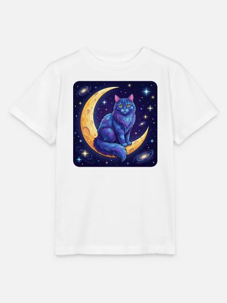Blaue Nebelkatze auf dem Mondsichel - Stanley/Stella Kinder T-Shirt MINI CREATOR - Weiß