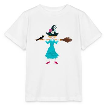 Jeune sorcière avec balai et corbeau - T-shirt bio MINI CREATOR Stanley/Stella Enfant - blanc - Devant - Maike (125cm)