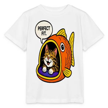 Katze im Maul eines Fisches – Einzigartiges Design - Stanley/Stella Kinder T-Shirt MINI CREATOR  - Weiß - Vorne - Maike (125cm)