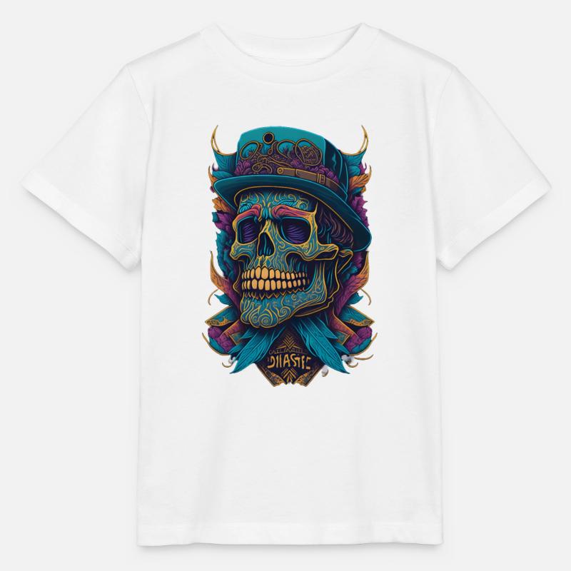 Squelette Crâne avec chapeau et fleurs Bande dessinée cool - T-shirt bio MINI CREATOR Stanley/Stella Enfant - blanc