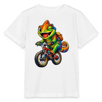 Chamäleon auf dem Fahrrad - Stanley/Stella Kinder T-Shirt MINI CREATOR  - Weiß - Vorne - Maike (125cm)