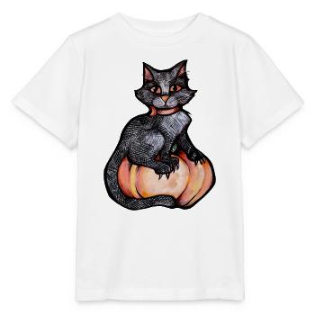 Mitternachtskatze auf Kürbis - Stanley/Stella Kinder T-Shirt MINI CREATOR  - Weiß - Vorne - Maike (125cm)